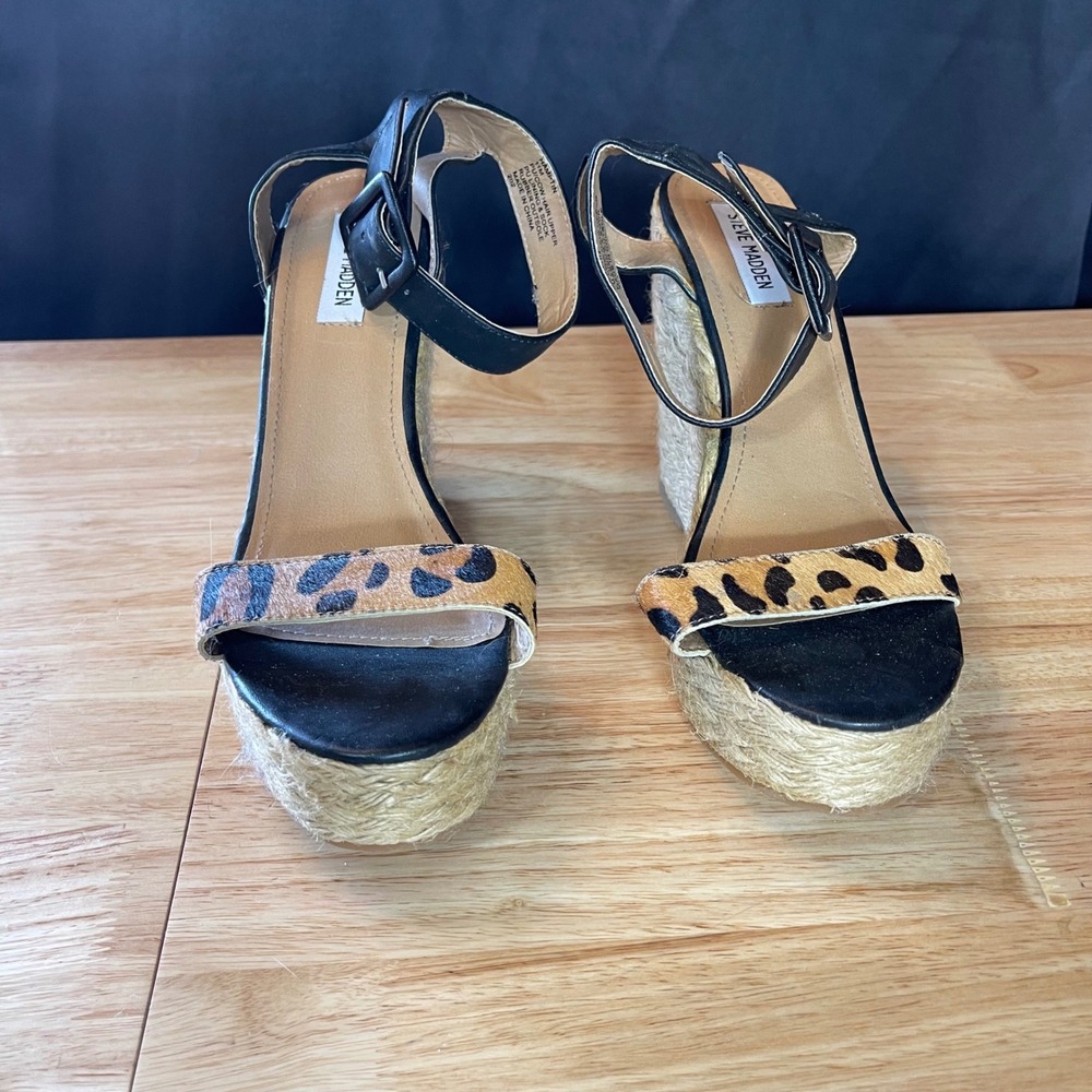 Steve Madden Hamptin Leopard Calf Hair Espadrille Wedge Sandals Black Womens 8.5